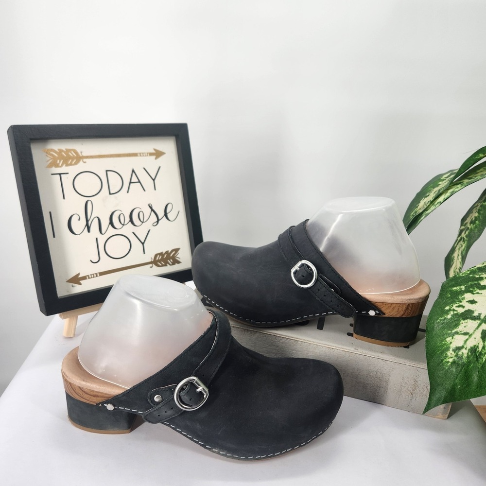 Dansko Marty Black Nubuck Leather Clogs Block Heel Mules Slip On Shoe Work Sz 40